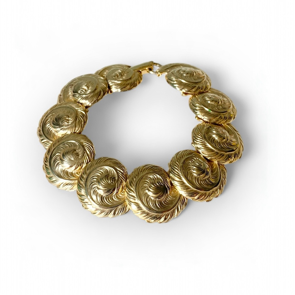 Vintage Goldtone Domed Feather Plume Fern Runway Statement Link Bracelet. - Picture 2 of 8